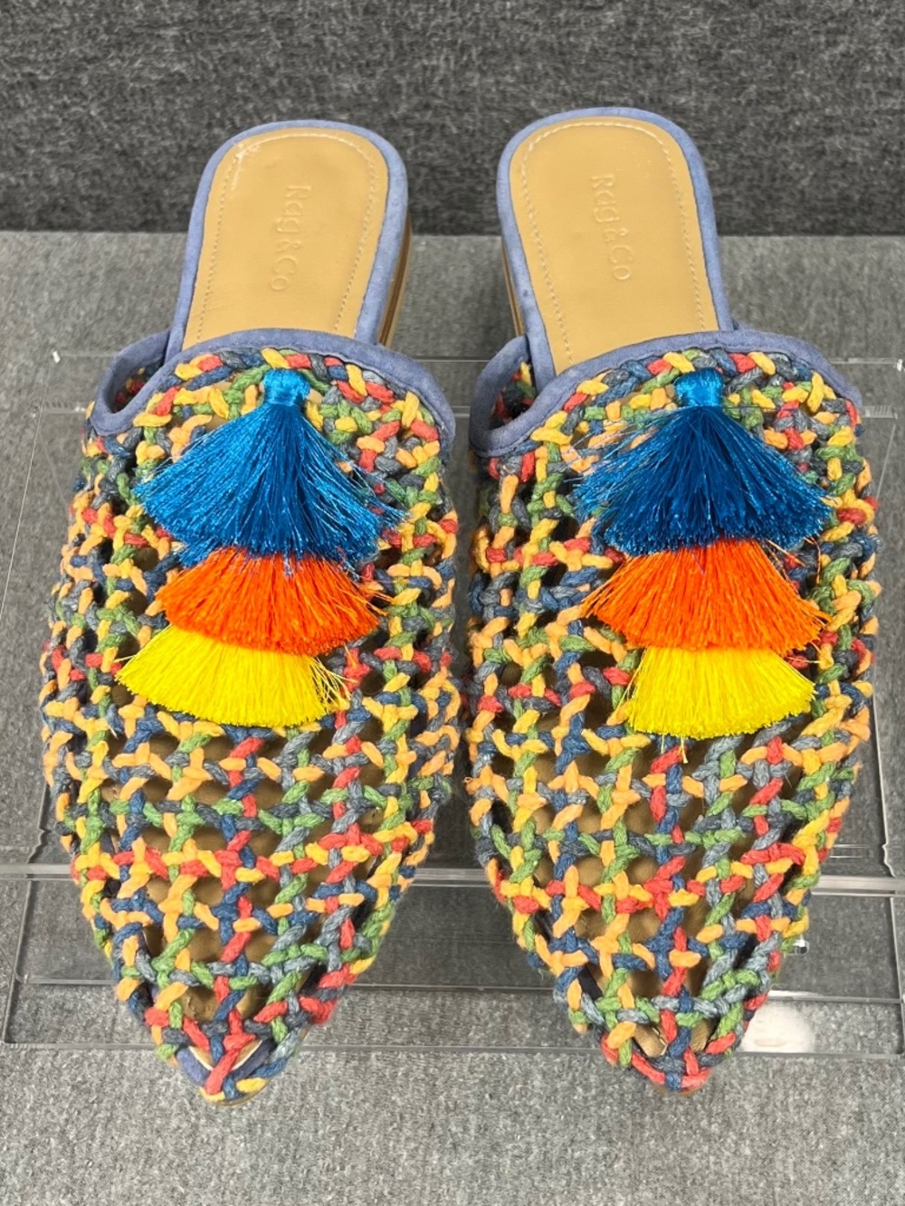 Rag & Co Woven Tassel Mules 9 Multi-Color Garden Party Resort Vaca Beachy Boho